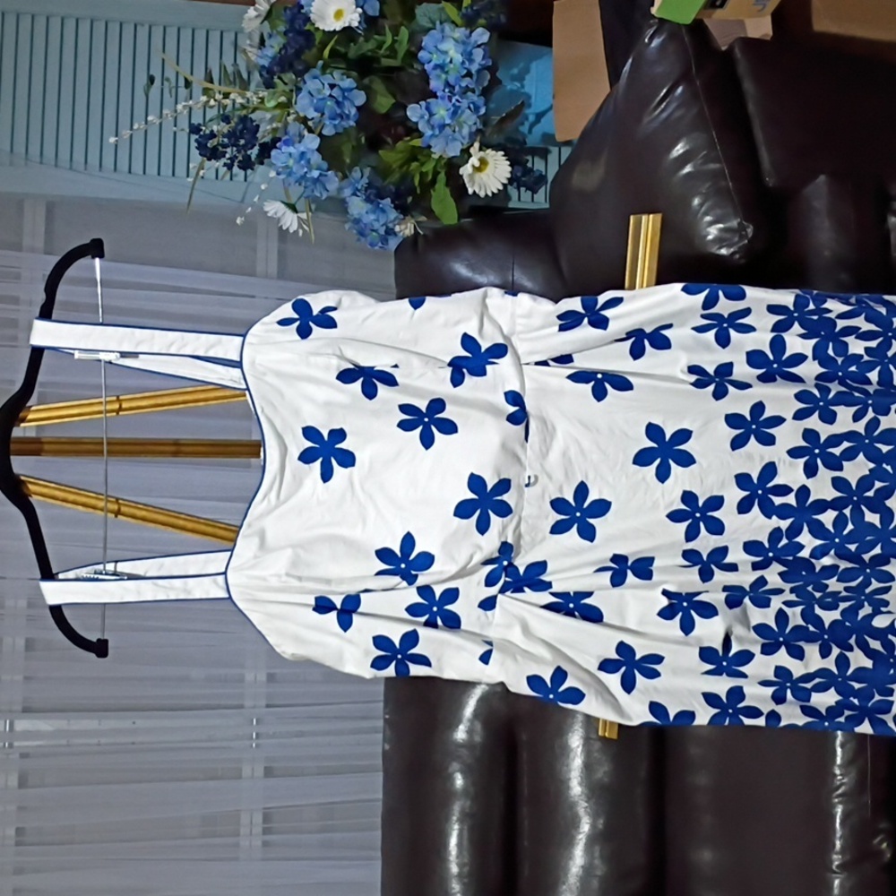 Kim Rogers Strapless Midi Dress in Blue and White Floral